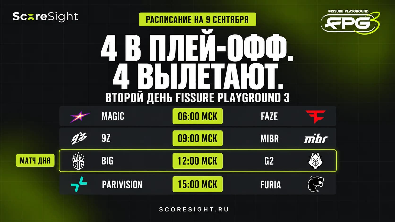 Расписание FISSURE Playground 3 на 9 сентября: G2 против BIG